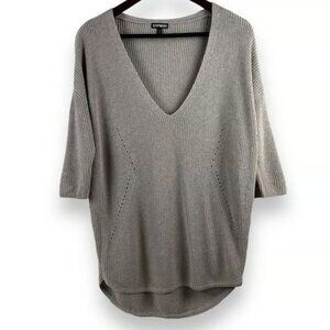 Express Women's Size S Beige Knit Tunic Sweater Short Sleeve Vneck Relaxed Fit